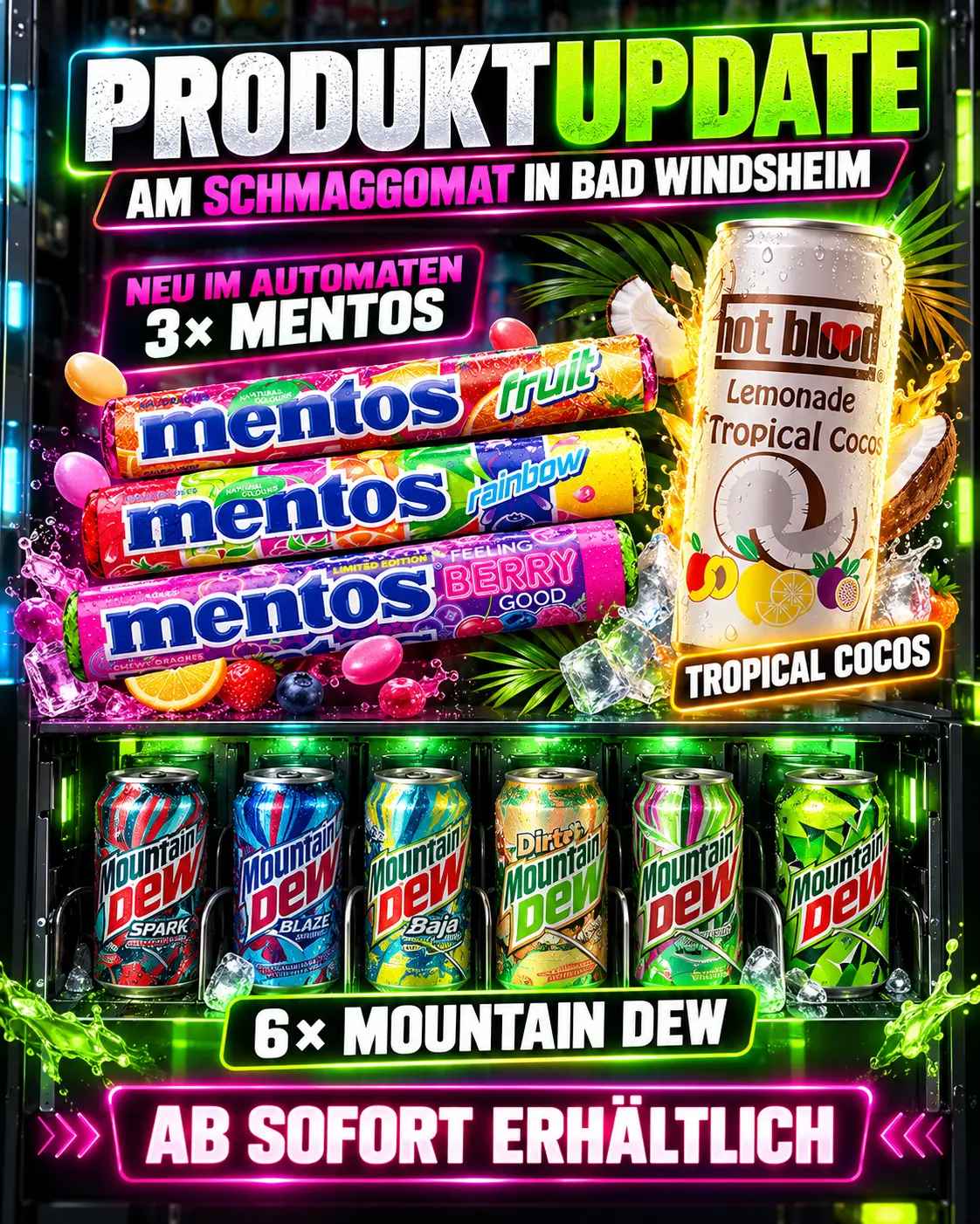 Produktupdate im Schmaggomat Bad Windsheim mit Mentos, Tropical Cocos und Mountain Dew