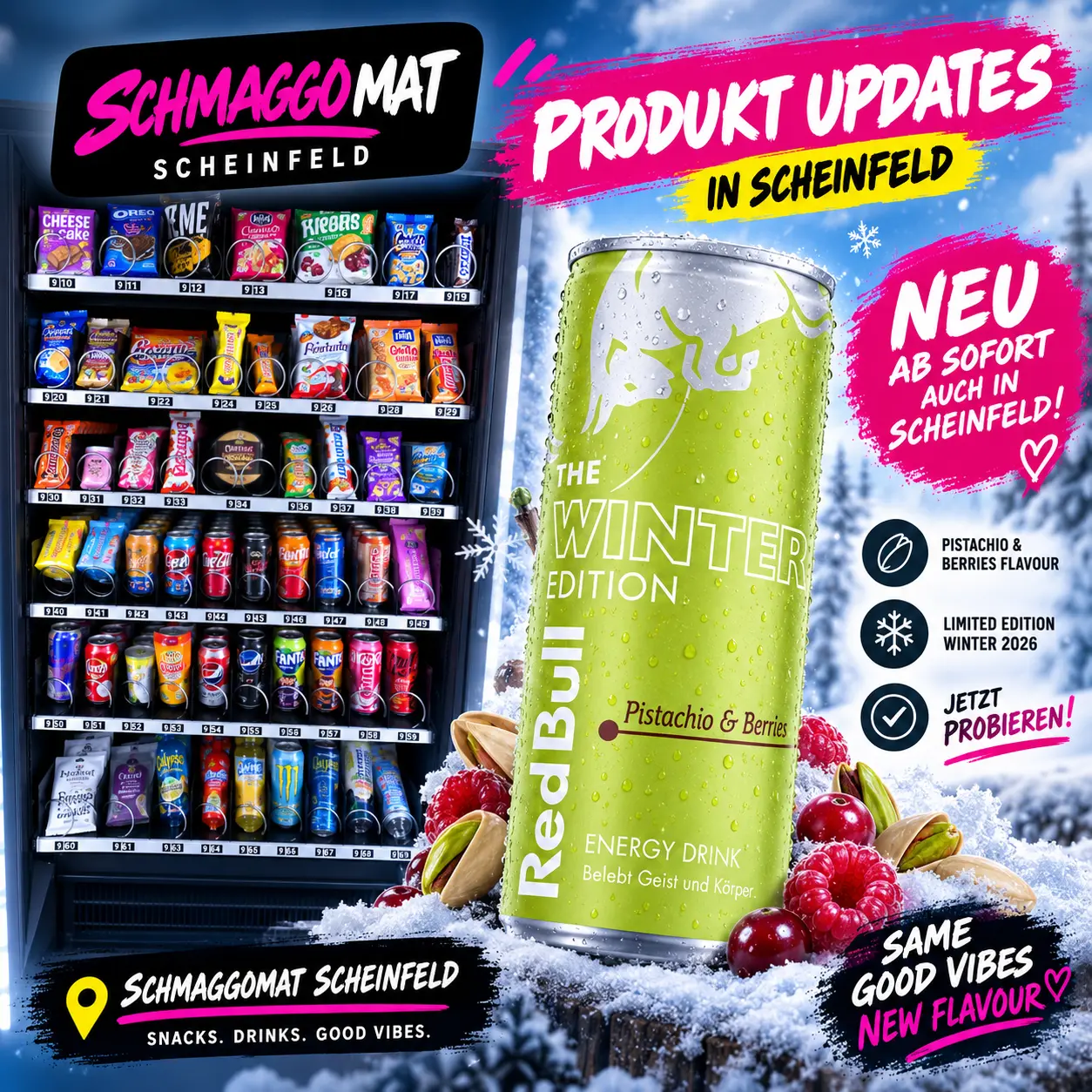 Produktupdate im Schmaggomat Scheinfeld mit Red Bull Winter Edition Pistachio und Berries